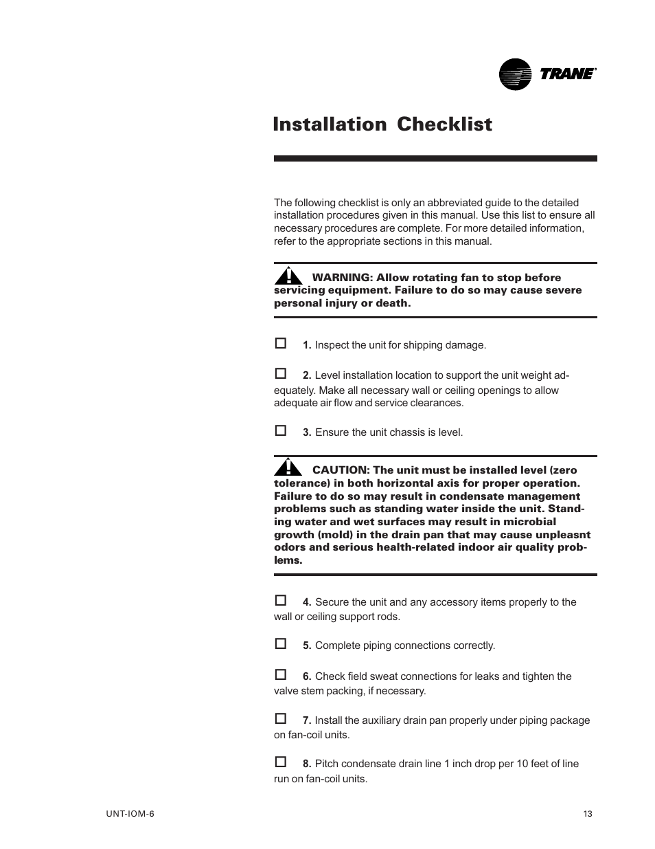 Installation checklist 13, Installation checklist | Trane LO User Manual | Page 13 / 136