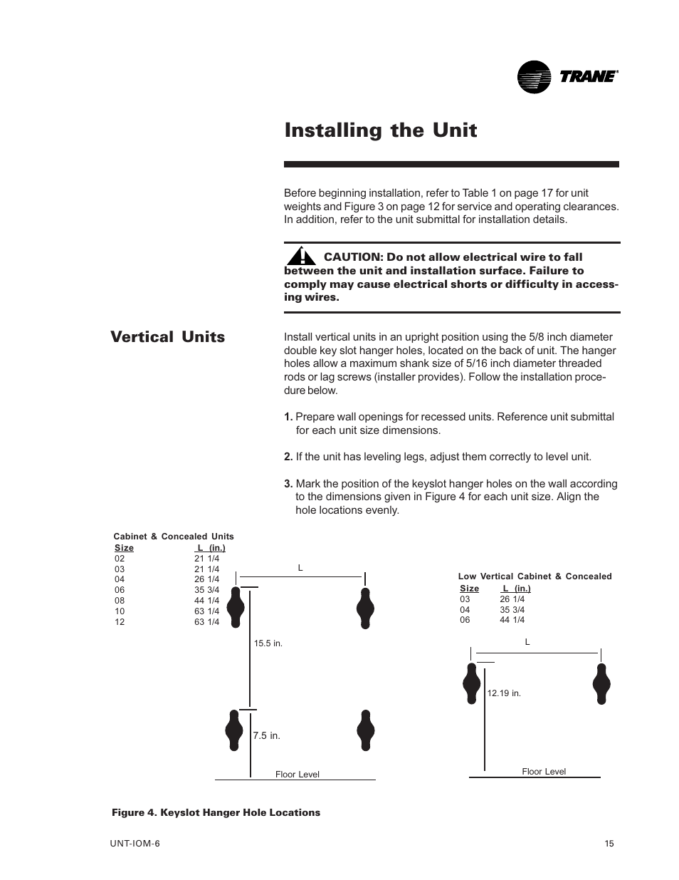 Vertical units 15, Installing the unit 15, Installing the unit | Vertical units | Trane LO User Manual | Page 15 / 136