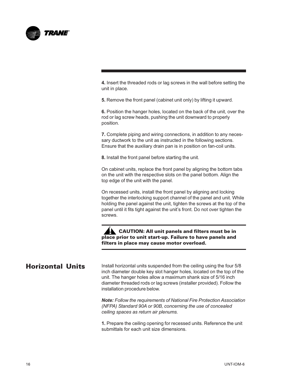 Horizontal units 16, Horizontal units | Trane LO User Manual | Page 16 / 136