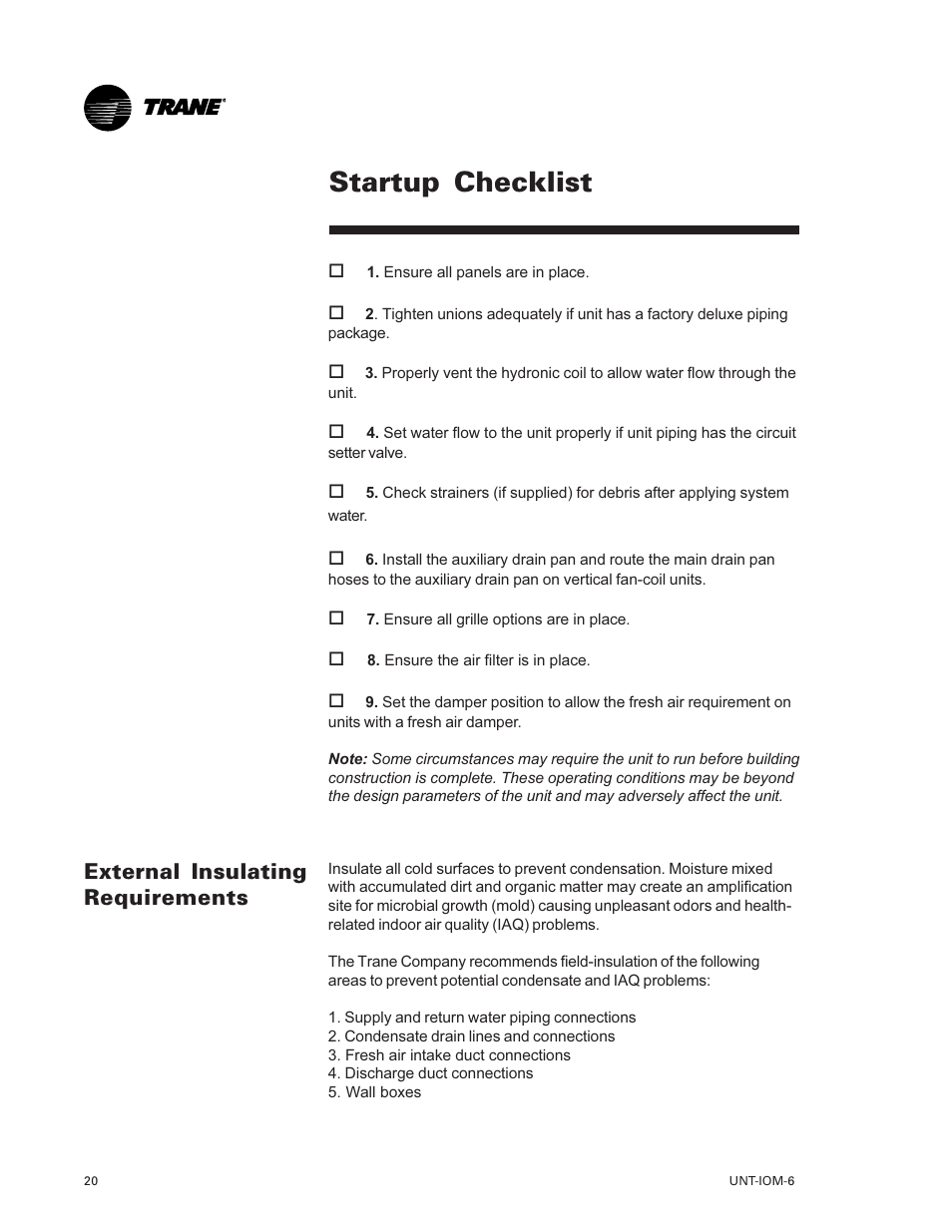 External insulating require, Ments 20, Startup checklist 20 | Startup checklist, External insulating requirements | Trane LO User Manual | Page 20 / 136