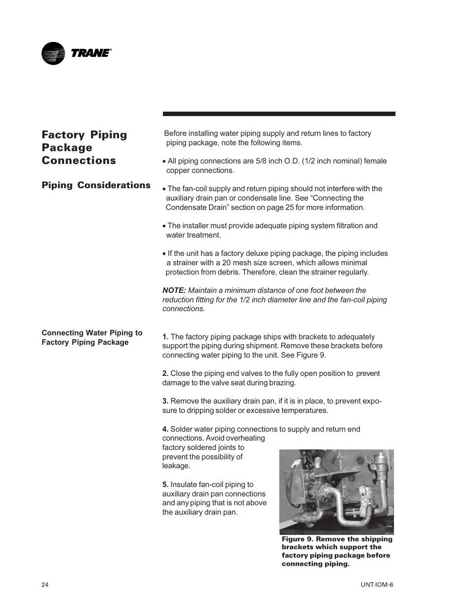 Factory piping package connec, Tions 24, Factory piping package connections | Trane LO User Manual | Page 24 / 136