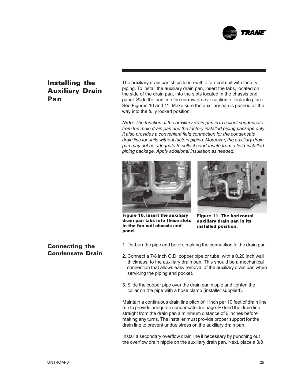 Installing the auxiliary drain, Pan 25, Installing the auxiliary drain pan | Trane LO User Manual | Page 25 / 136