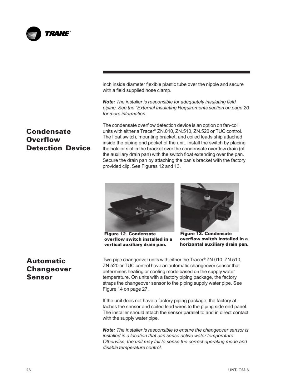 Condensate overflow detection, Device 26, Automatic changeover sensor 26 | Trane LO User Manual | Page 26 / 136