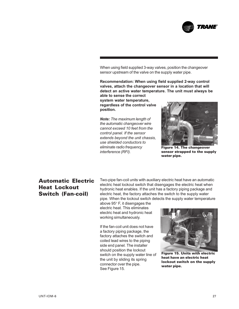 Automatic electric heat lockout, Switch (fan-coil) 27, Automatic electric heat lockout switch (fan-coil) | Trane LO User Manual | Page 27 / 136