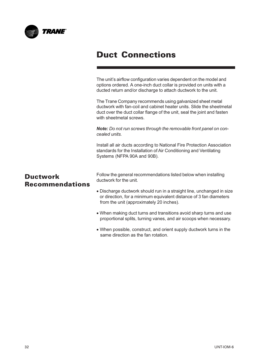Ductwork recommendations 32, Duct connections 32, Duct connections | Ductwork recommendations | Trane LO User Manual | Page 32 / 136