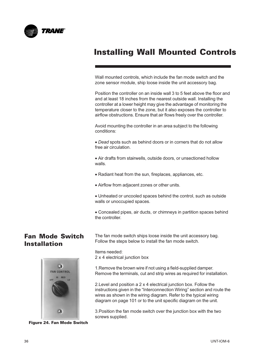 Fan mode switch 36, Installation 36, Installing wall mounted con | Trols 36, Installing wall mounted controls, Fan mode switch installation | Trane LO User Manual | Page 36 / 136