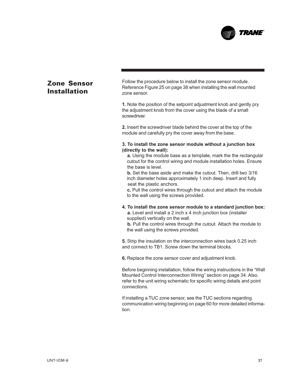 Zone sensor installation 37, Zone sensor installation | Trane LO User Manual | Page 37 / 136