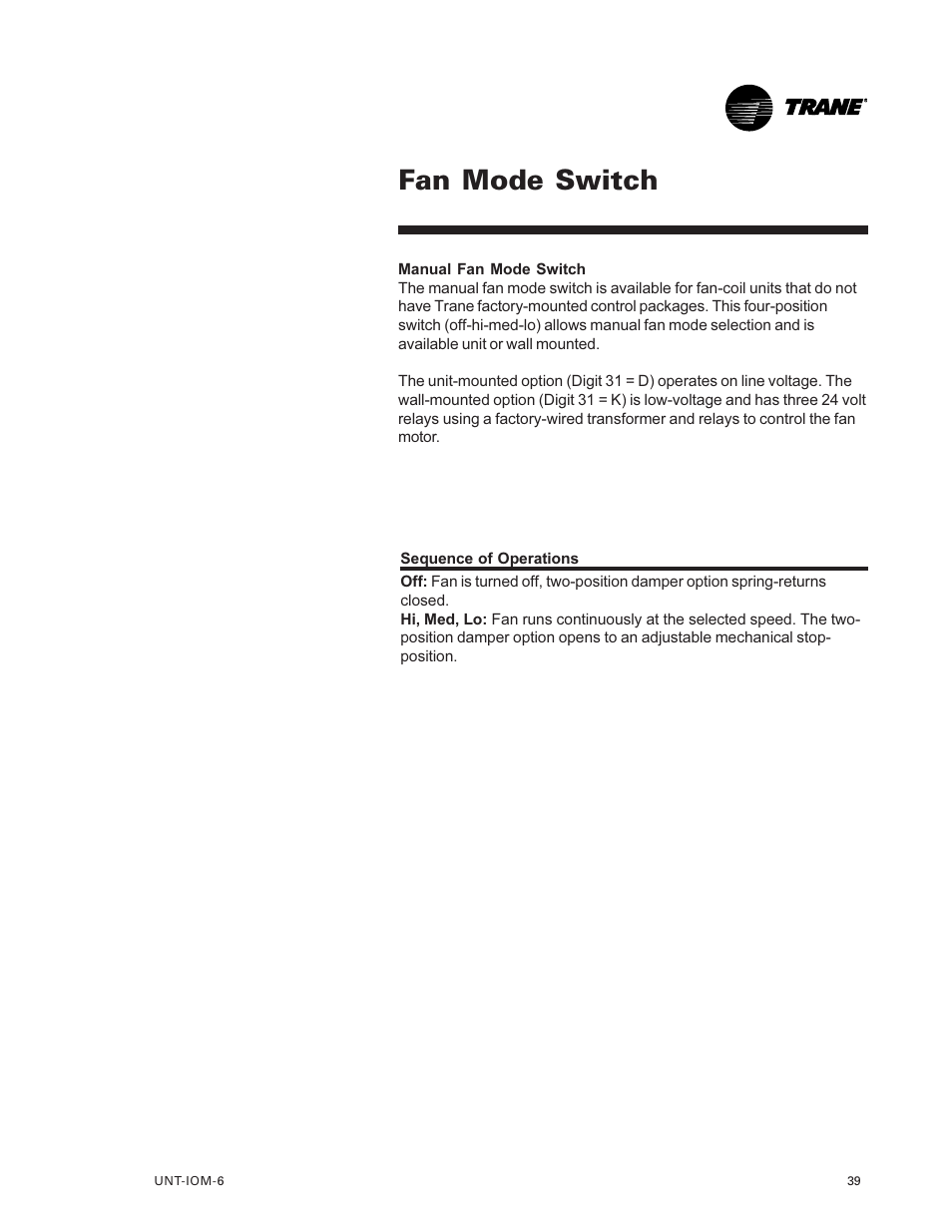 Fan mode switch 39, Fan mode switch | Trane LO User Manual | Page 39 / 136