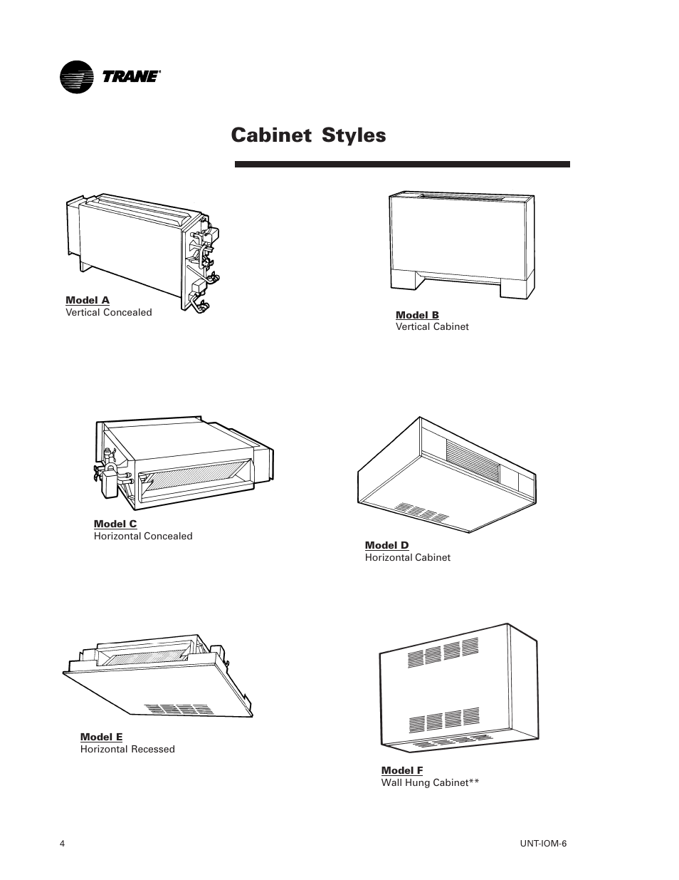 Cabinet styles 4, Cabinet styles | Trane LO User Manual | Page 4 / 136