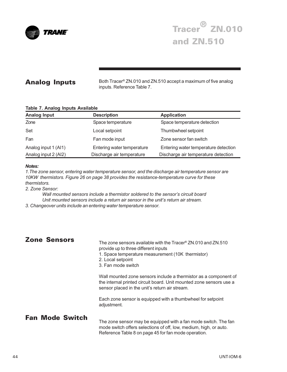 Analog inputs 44, Fan mode switch 44, Zone sensors 44 | Tracer, Zone sensors fan mode switch, Analog inputs | Trane LO User Manual | Page 44 / 136