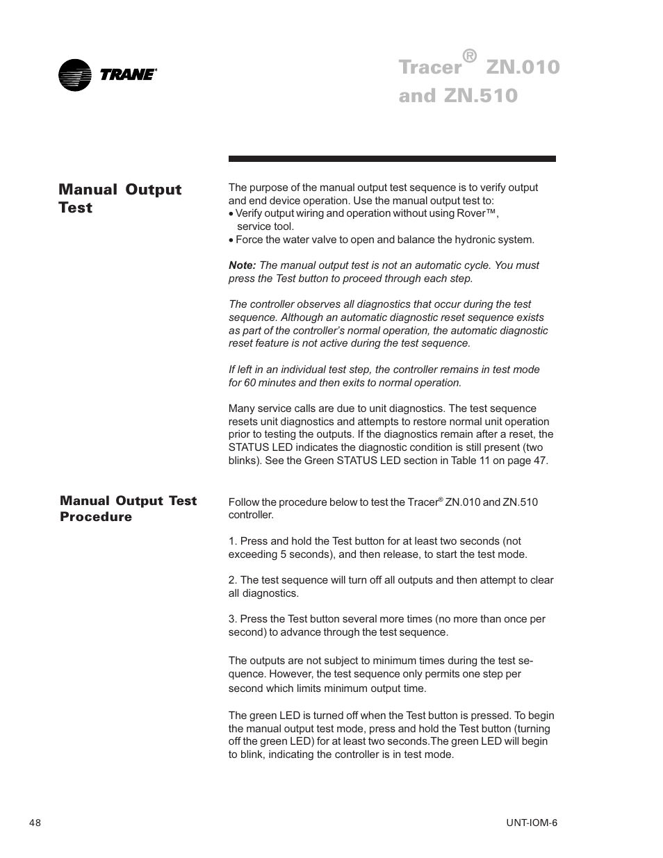 Manual output test 48, Tracer, Manual output test | Trane LO User Manual | Page 48 / 136