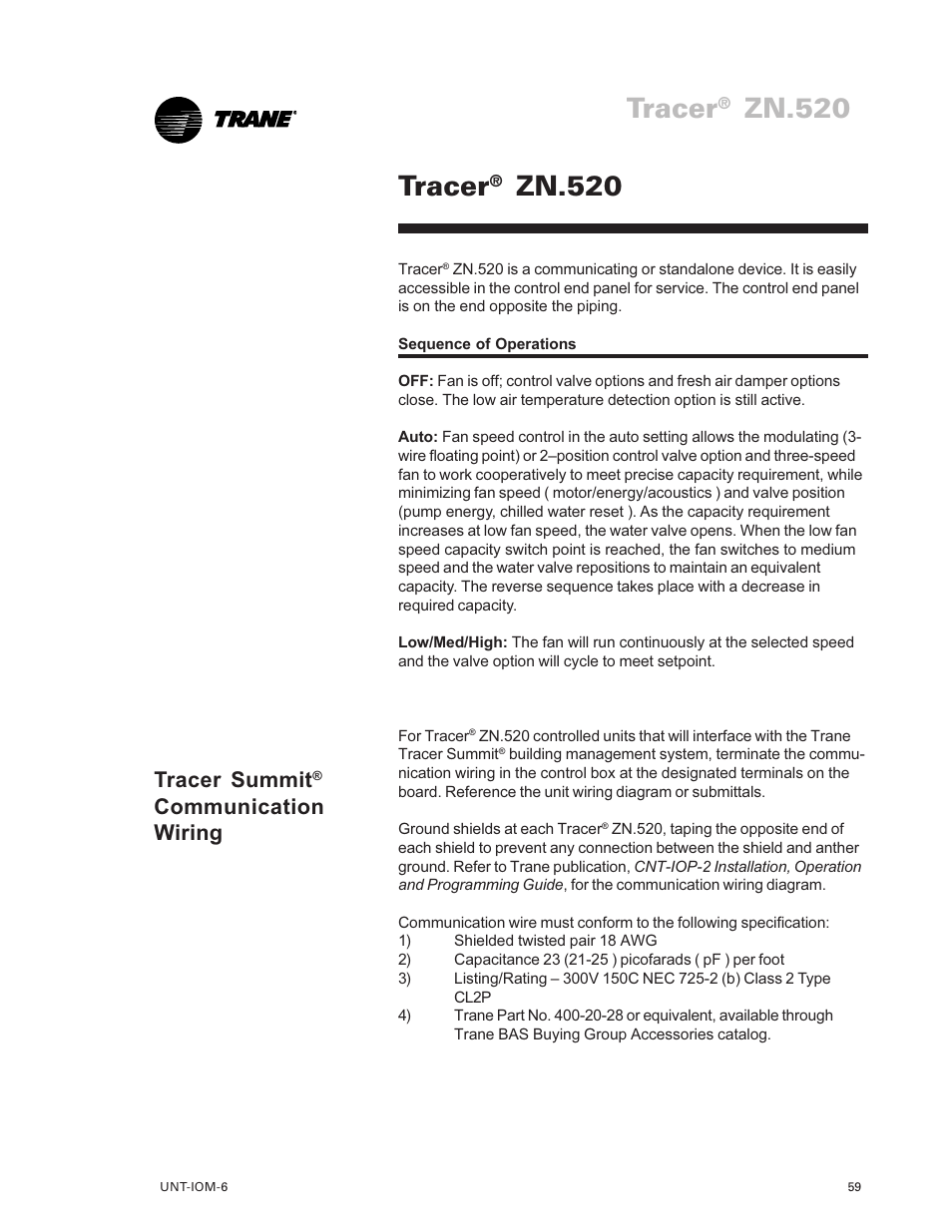 Tracer® zn.520 59, Tracer, Zn.520 | Tracer summit, Communication wiring | Trane LO User Manual | Page 59 / 136
