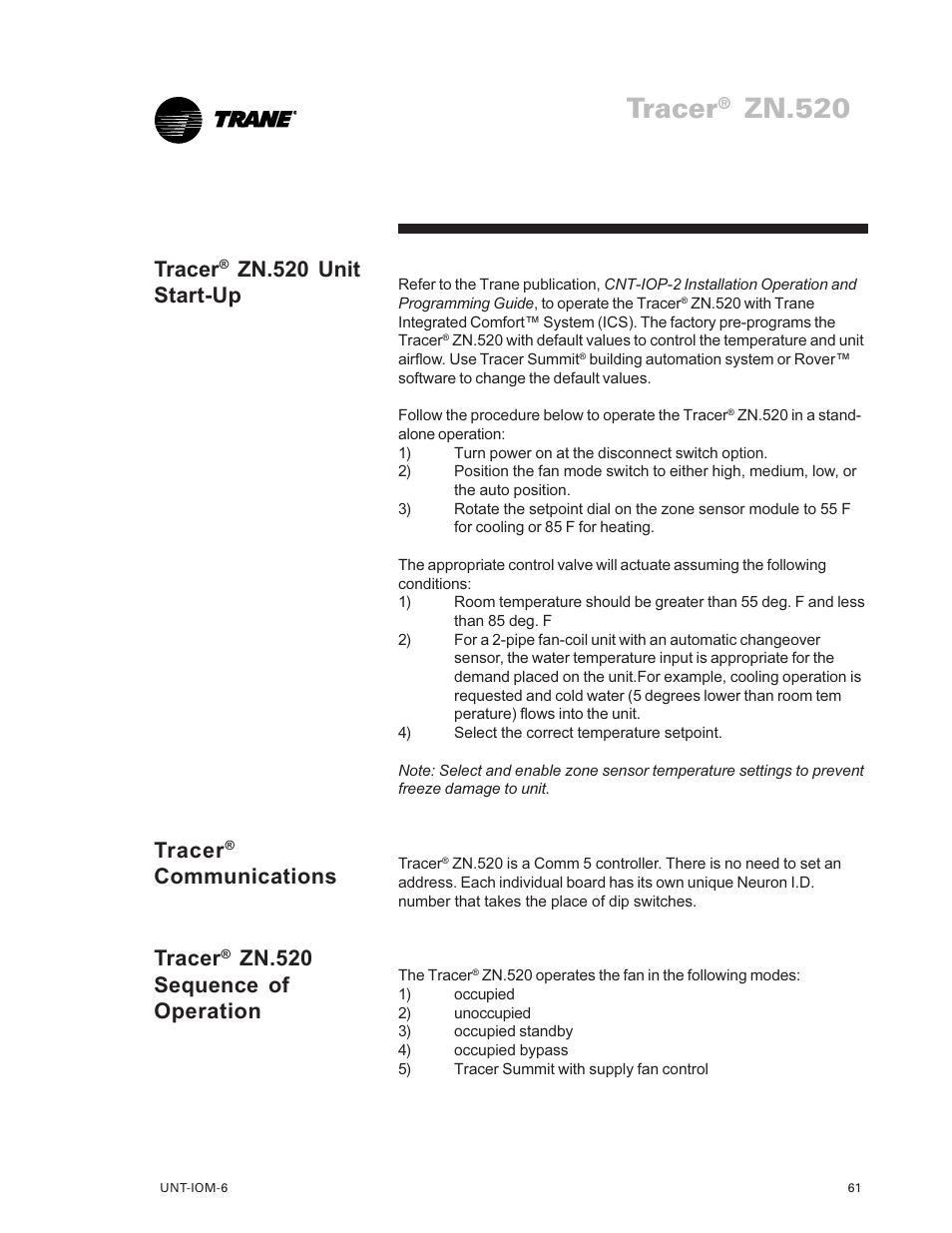 Tracer, Zn.520, Zn.520 unit start-up | Communications tracer, Zn.520 sequence of operation | Trane LO User Manual | Page 61 / 136