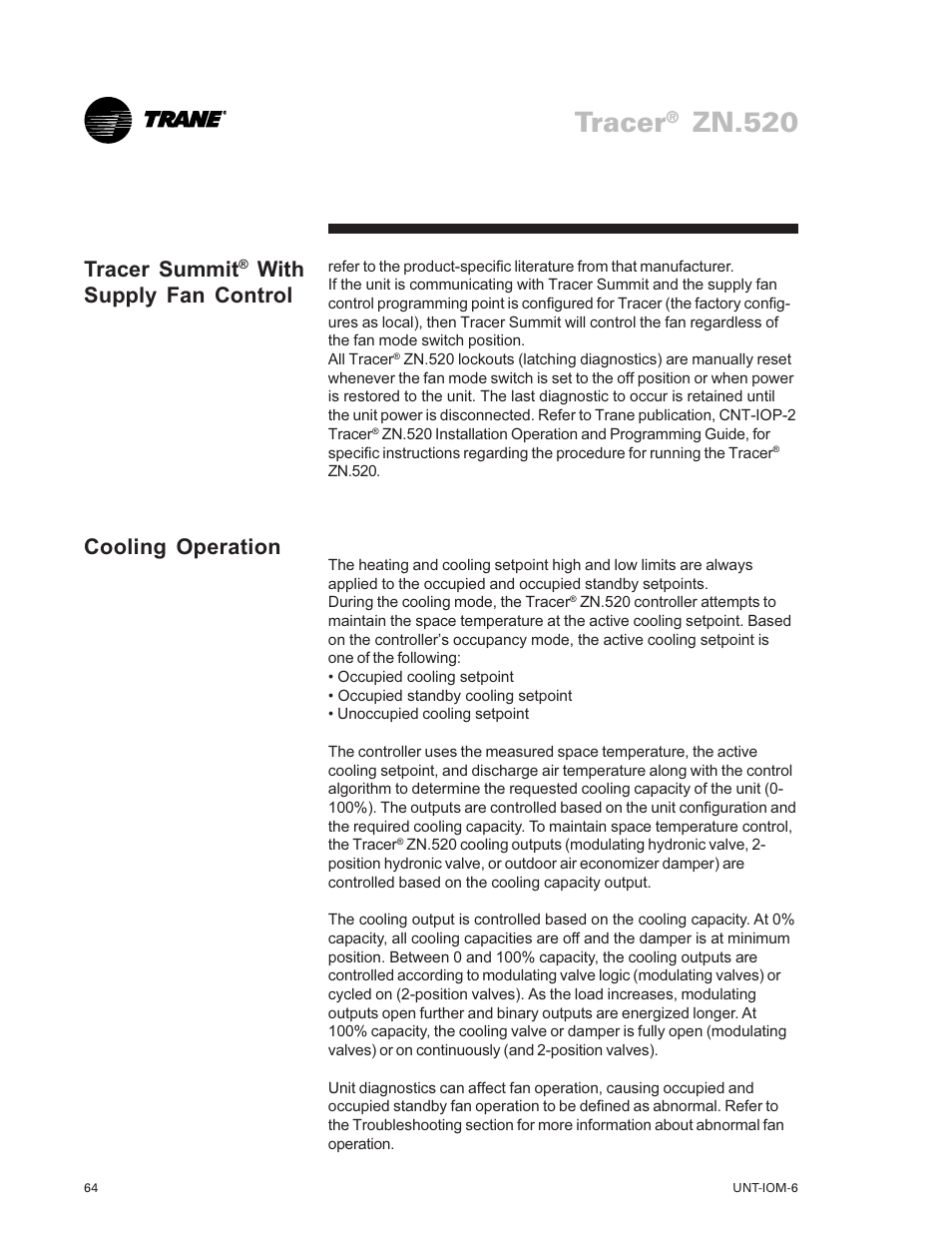 Tracer, Zn.520, Tracer summit | With supply fan control cooling operation | Trane LO User Manual | Page 64 / 136