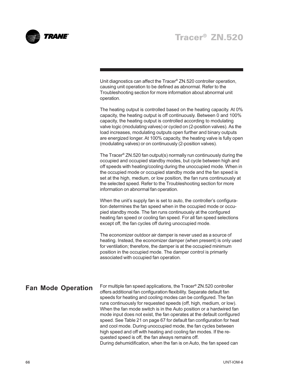 Tracer, Zn.520, Fan mode operation | Trane LO User Manual | Page 66 / 136