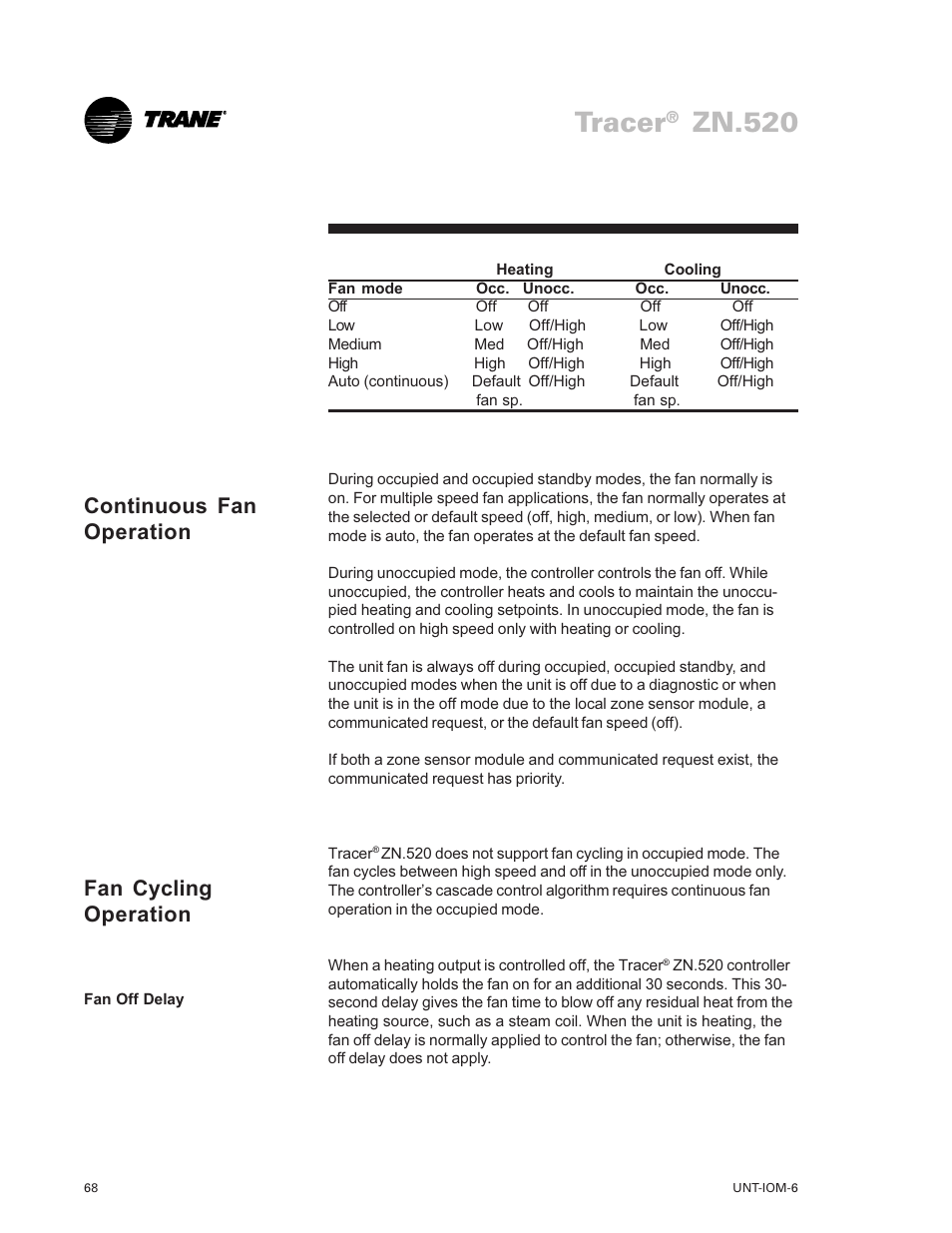 Tracer, Zn.520, Continuous fan operation fan cycling operation | Trane LO User Manual | Page 68 / 136
