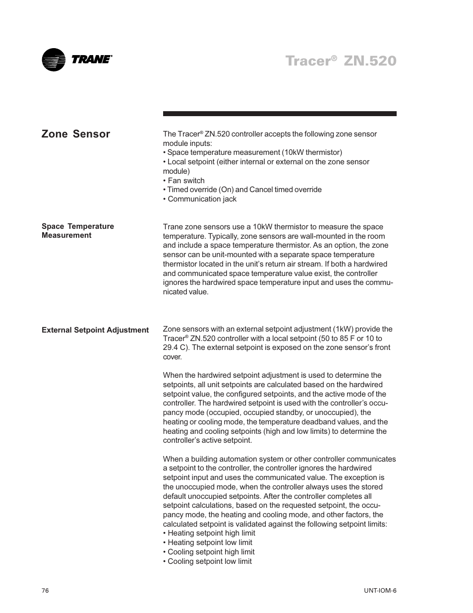 Tracer, Zn.520, Zone sensor | Trane LO User Manual | Page 76 / 136