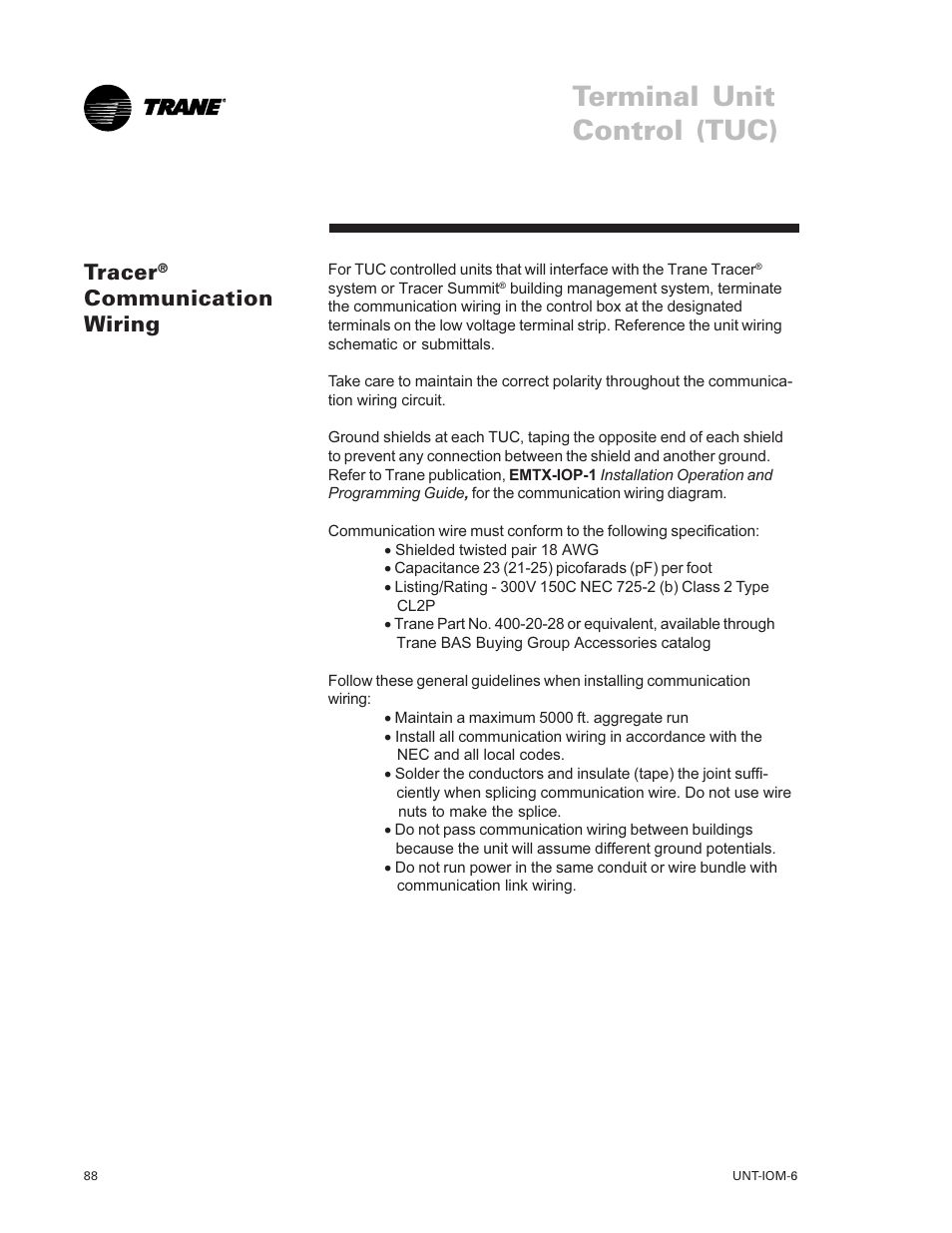 Tracer® communication wiring, Terminal unit control (tuc), Tracer | Communication wiring | Trane LO User Manual | Page 88 / 136