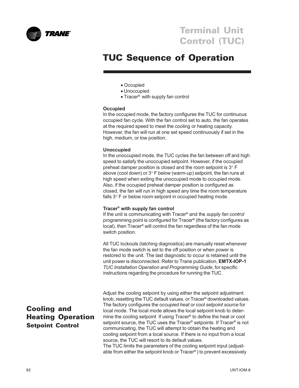 Cooling and heating operation 92, Tuc sequence of operation 92, Terminal unit control (tuc) | Tuc sequence of operation, Cooling and heating operation, Setpoint control | Trane LO User Manual | Page 92 / 136