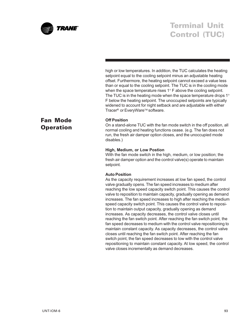 Fan mode operation 93, Terminal unit control (tuc), Fan mode operation | Trane LO User Manual | Page 93 / 136