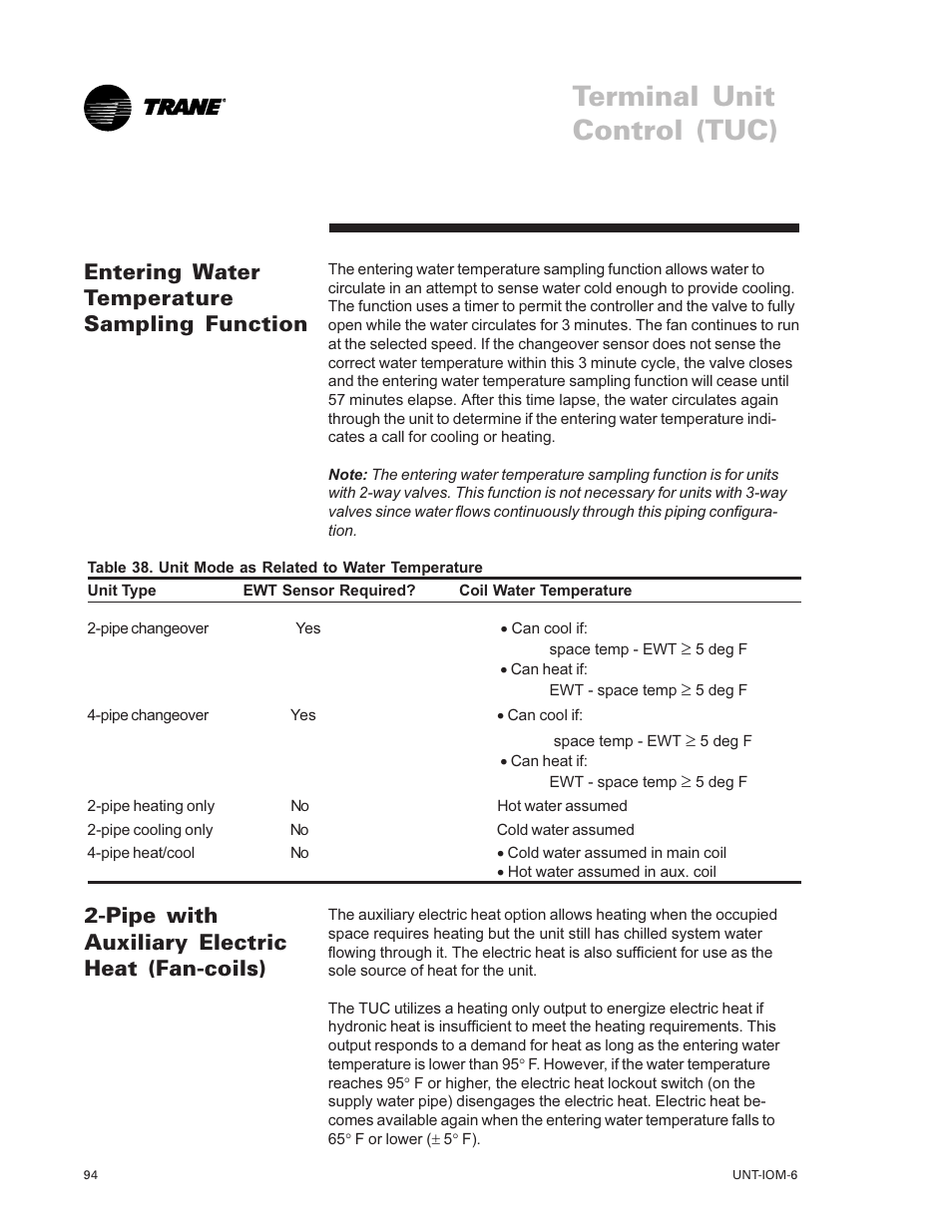 Entering water temperature, Sampling function 94, Pipe with auxiliary electric heat | Fan-coils) 94, Terminal unit control (tuc) | Trane LO User Manual | Page 94 / 136