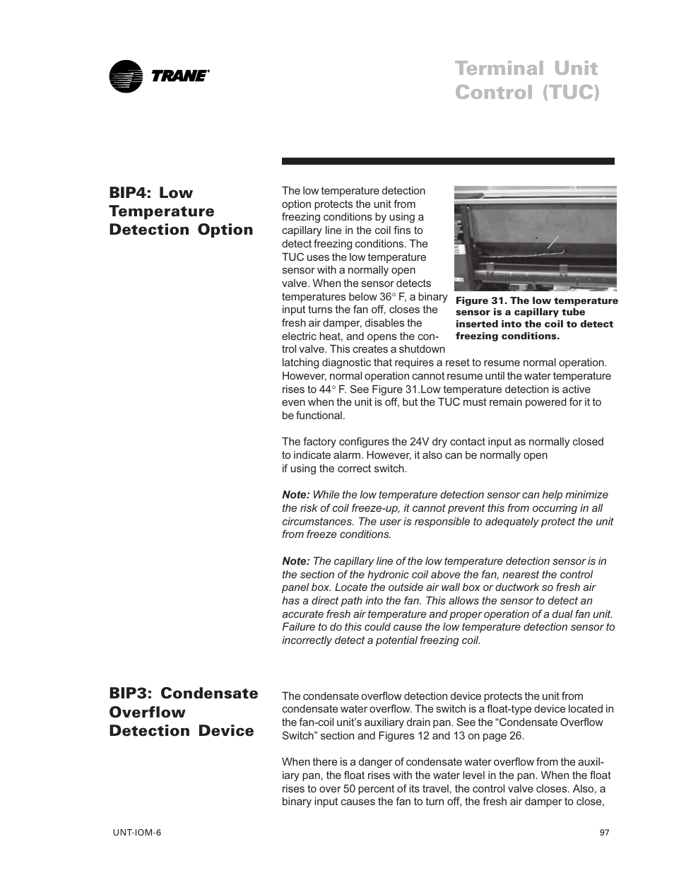 Bip4: low temperature detection, Option 97, Bip3: condensate overflow | Detection device 97, Terminal unit control (tuc) | Trane LO User Manual | Page 97 / 136