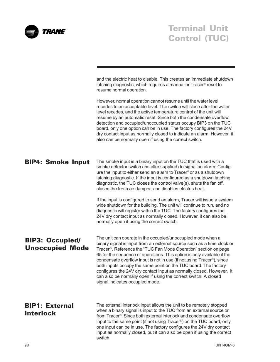 Bip4: smoke input 98, Bip1: external interlock 98, Bip3: occupied/unoccupied | Mode 98, Terminal unit control (tuc) | Trane LO User Manual | Page 98 / 136
