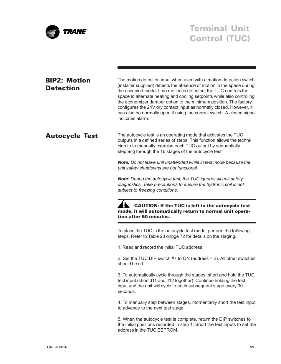 Bip2: motion detection 99, Autocycle test 99, Terminal unit control (tuc) | Autocycle test, Bip2: motion detection | Trane LO User Manual | Page 99 / 136