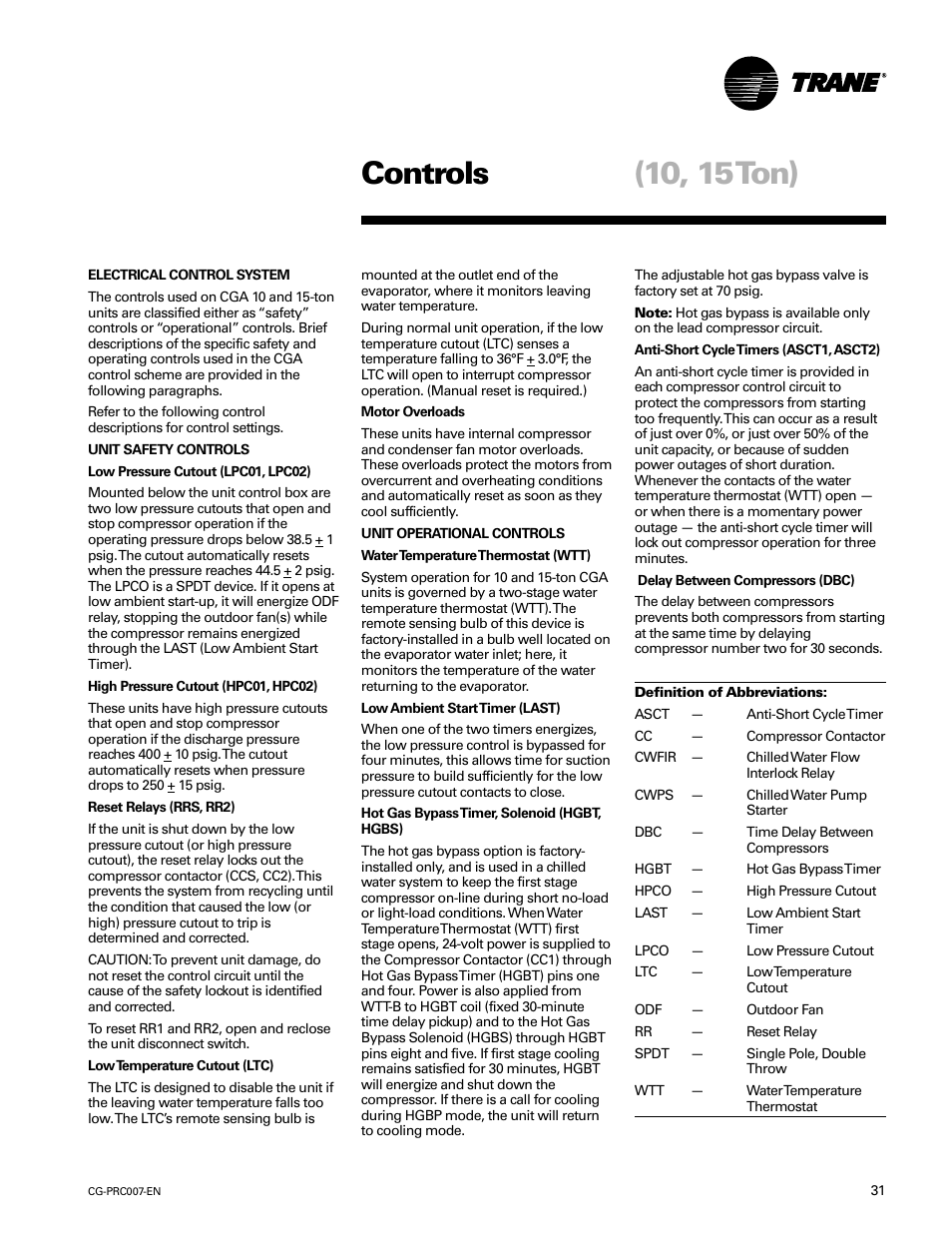 Controls (10, 15 ton) | Trane CG-PRC007-EN User Manual | Page 31 / 52