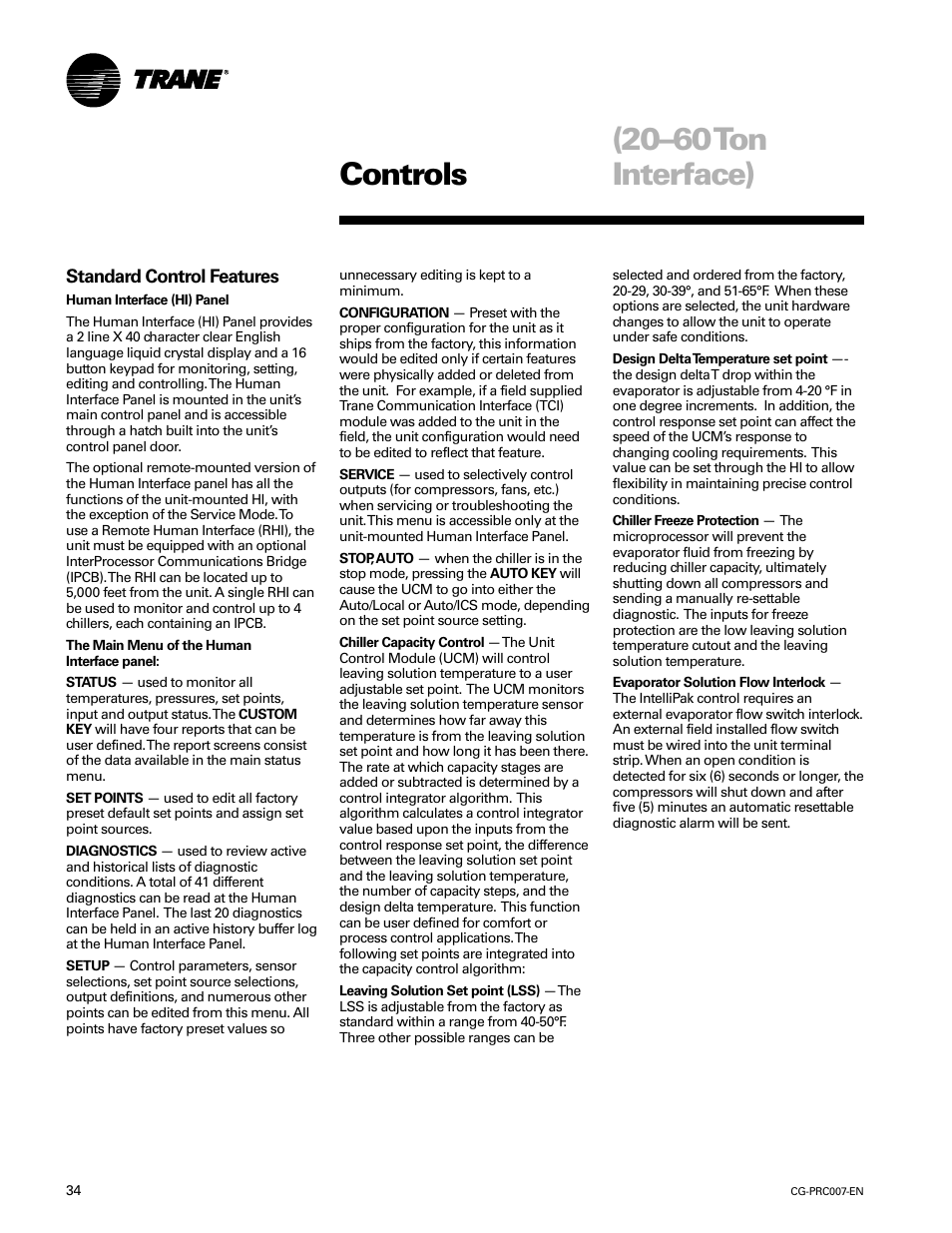 Controls (20–60ton interface), 20–60 ton interface) controls | Trane CG-PRC007-EN User Manual | Page 34 / 52