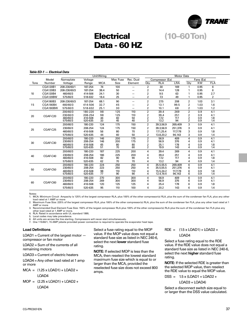 Electrical data - 60 hz (10–60ton), Electric power, Electrical data - 60 hz | 10–60 ton) | Trane CG-PRC007-EN User Manual | Page 37 / 52