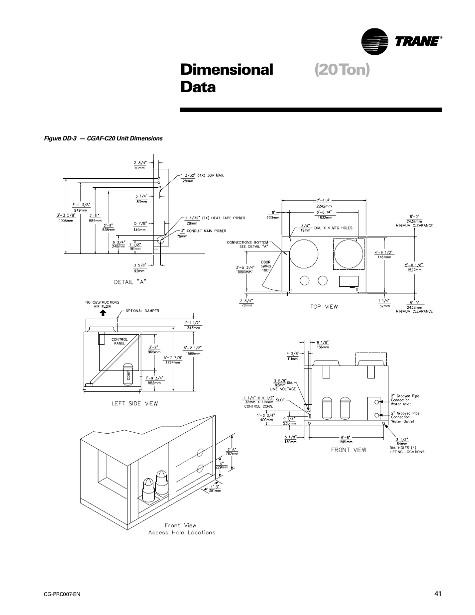 Dimensional data (20ton), Dimensional data, 20 ton) | Trane CG-PRC007-EN User Manual | Page 41 / 52