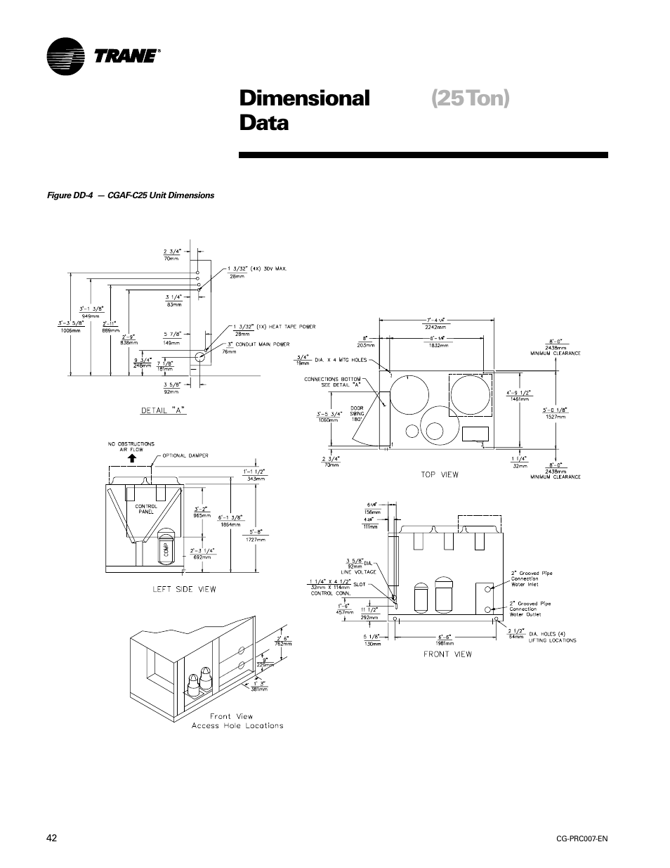 Dimensional data (25ton), Dimensional data, 25 ton) | Trane CG-PRC007-EN User Manual | Page 42 / 52