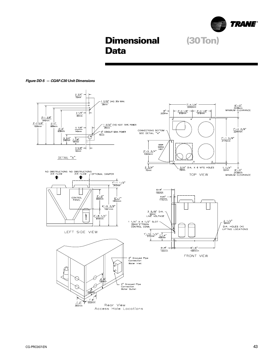 Dimensional data (30ton), Dimensional (30 ton) data | Trane CG-PRC007-EN User Manual | Page 43 / 52