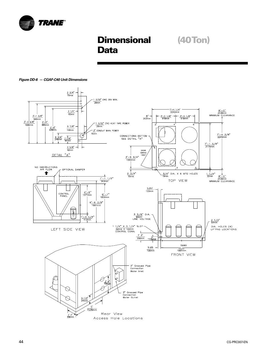 Dimensional data (40ton), Dimensional (40 ton) data | Trane CG-PRC007-EN User Manual | Page 44 / 52