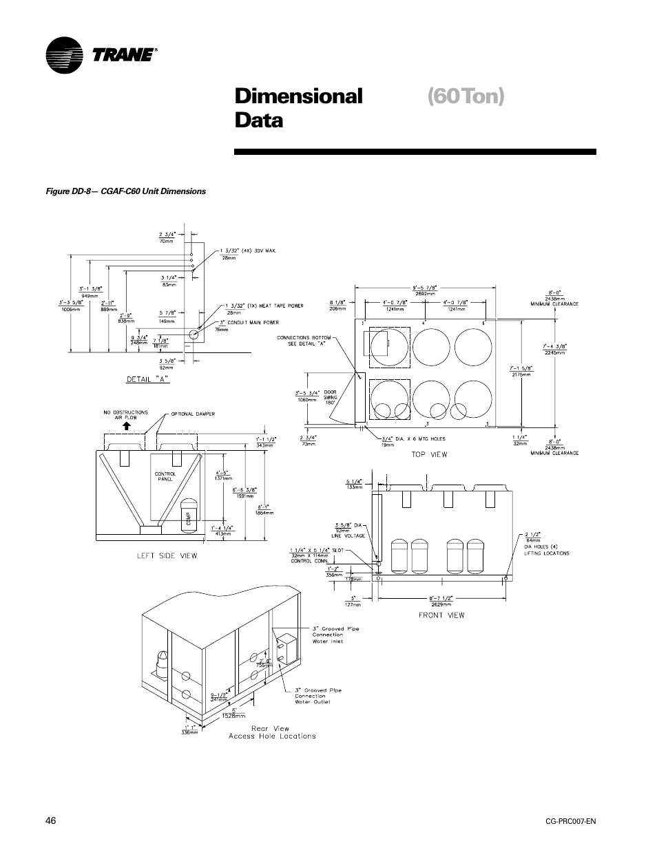 Dimensional data (60ton), Dimensional (60 ton) data | Trane CG-PRC007-EN User Manual | Page 46 / 52