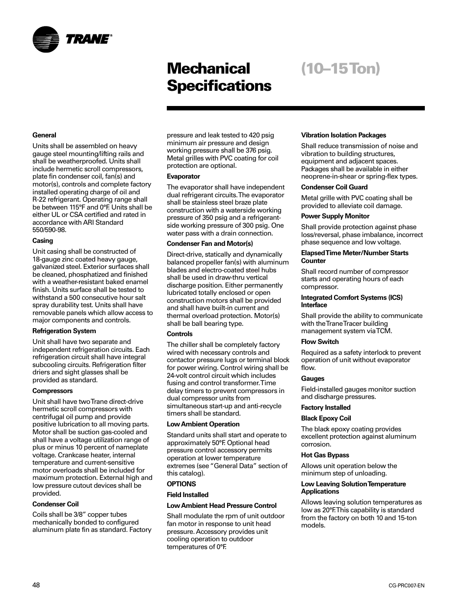 Mechanical specifications (10–15ton), Mechanical specifications, Mechanical specifications (10–15 ton) | Trane CG-PRC007-EN User Manual | Page 48 / 52