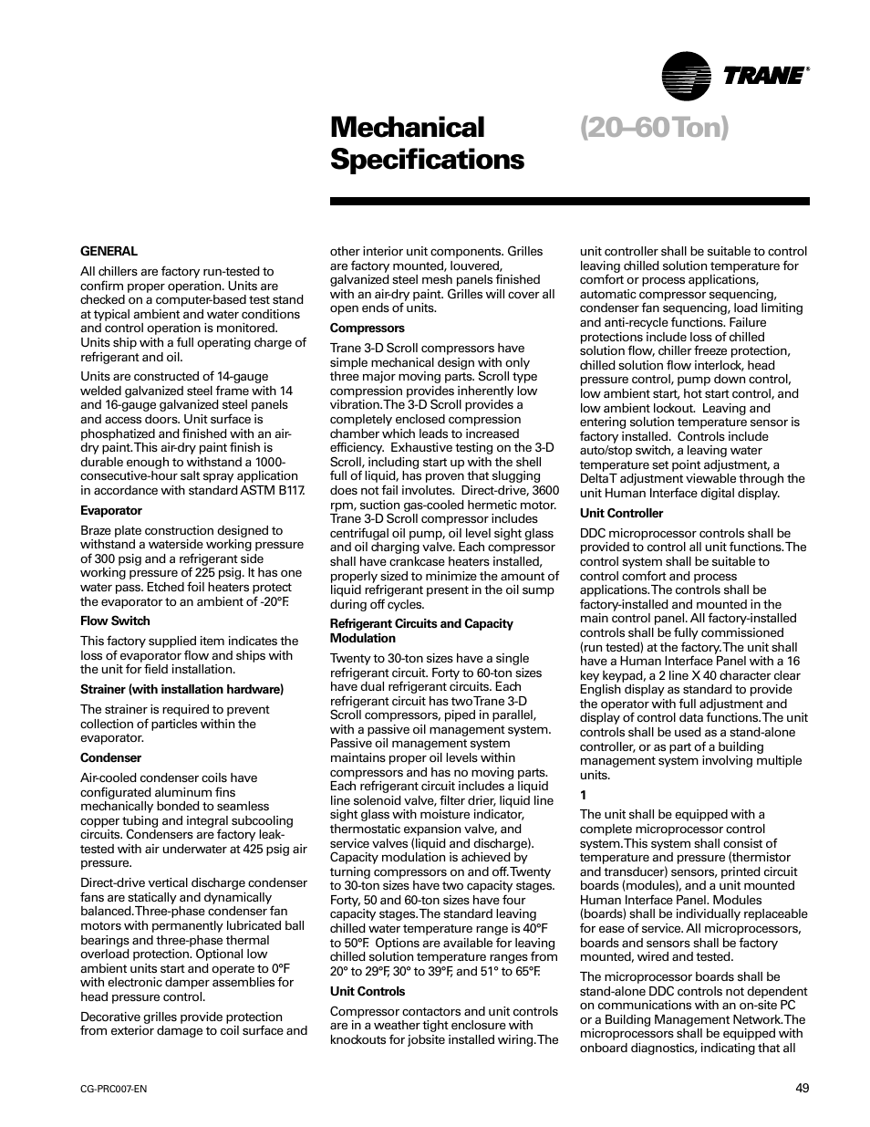 Mechanical specifications (20–60ton), Mechanical specifications (20–60 ton) | Trane CG-PRC007-EN User Manual | Page 49 / 52