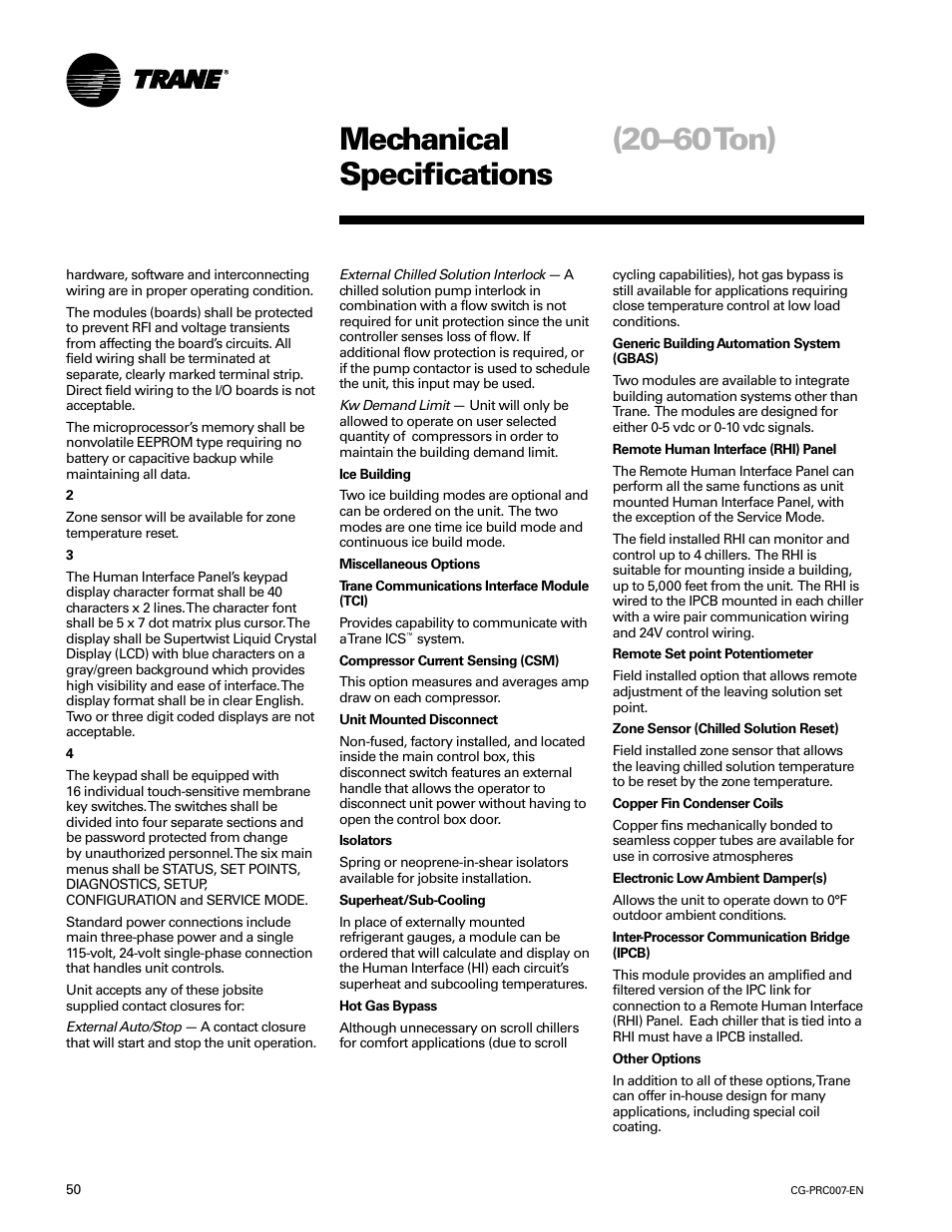 20–60 ton) mechanical specifications | Trane CG-PRC007-EN User Manual | Page 50 / 52