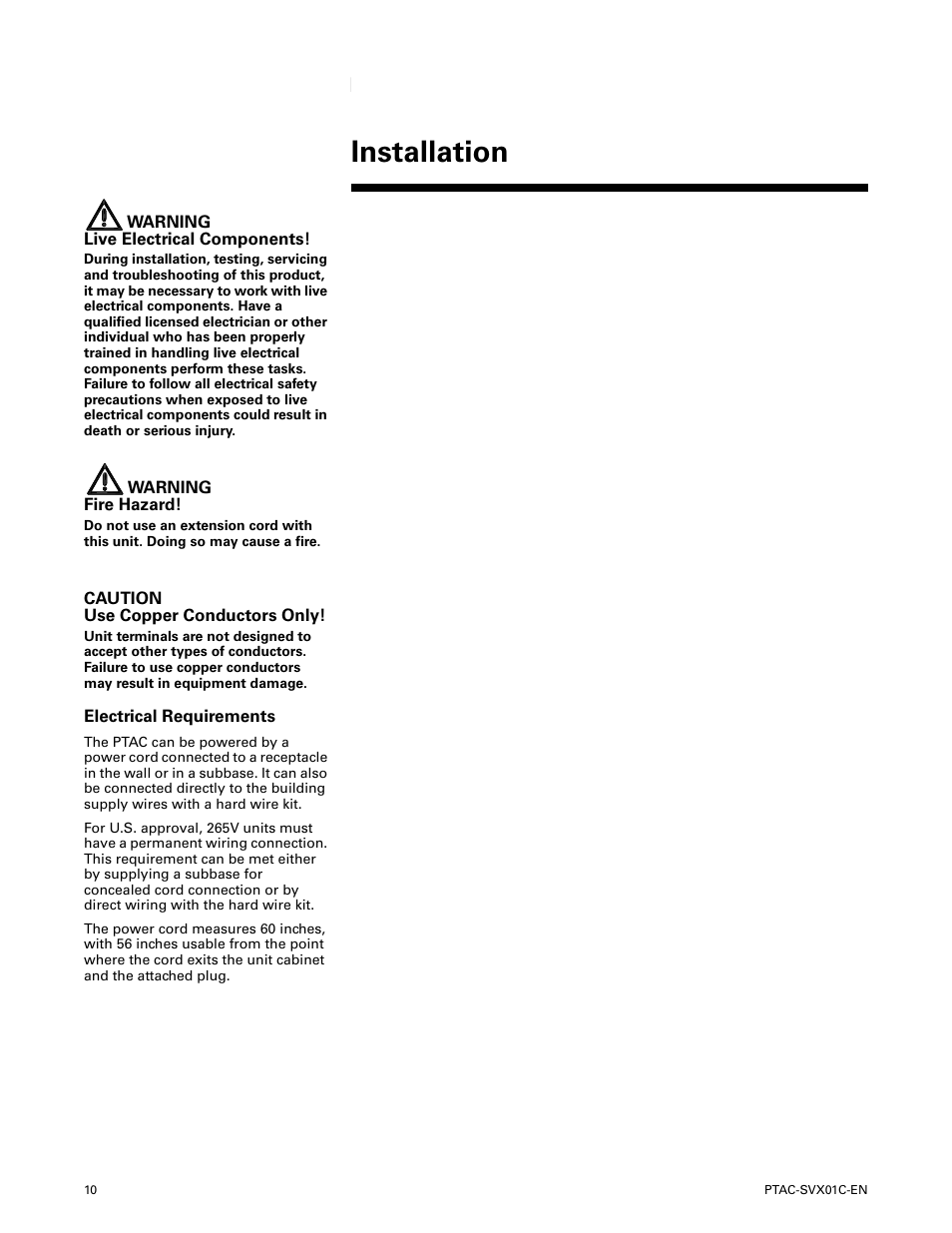 Electrical requirements, Installation | Trane PTAC-SVX01C-EN User Manual | Page 10 / 52