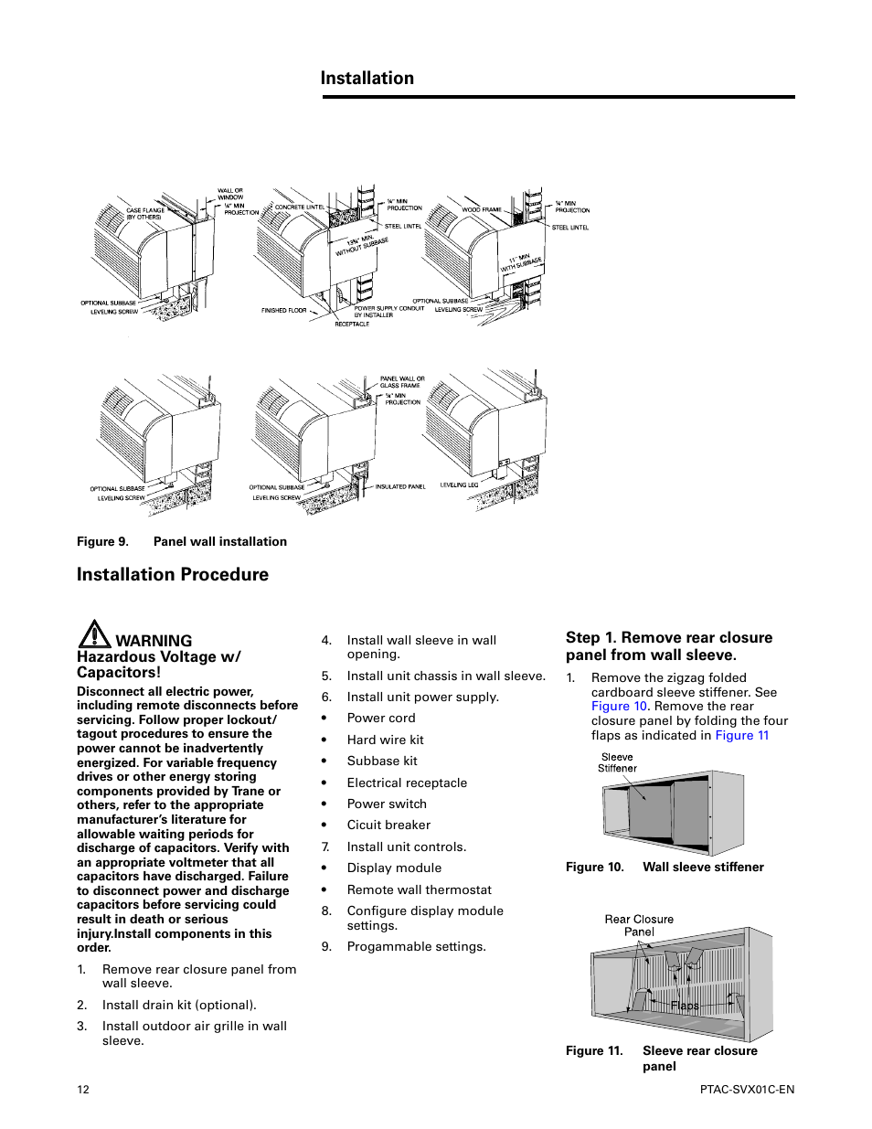 Installation procedure, Step 1. remove rear closure panel from wall sleeve, Installation installation procedure | Trane PTAC-SVX01C-EN User Manual | Page 12 / 52