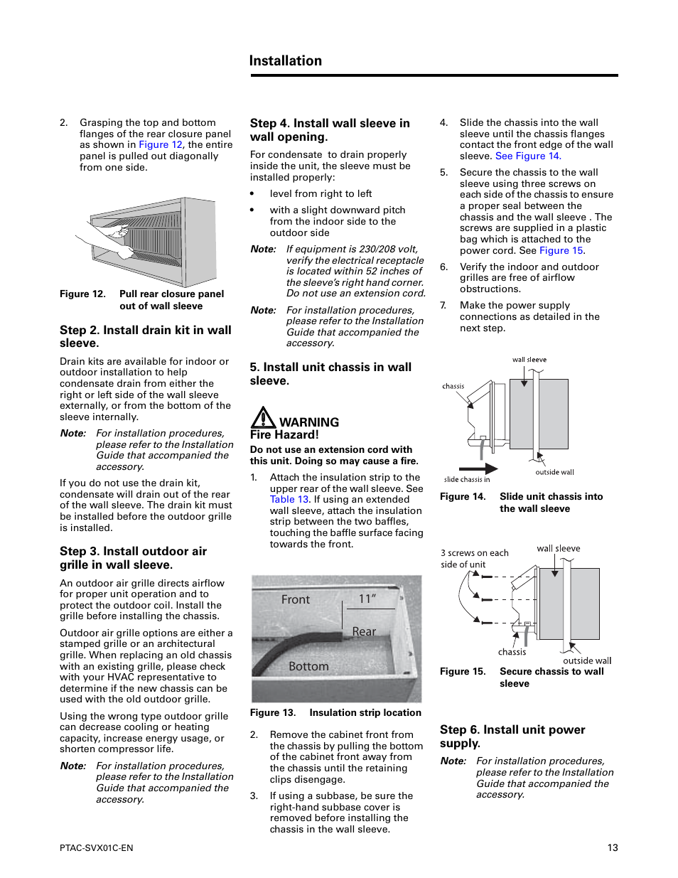 Step 2. install drain kit in wall sleeve, Step 3. install outdoor air grille in wall sleeve, Step 4. install wall sleeve in wall opening | Install unit chassis in wall sleeve, Step 6. install unit power supply, Installation | Trane PTAC-SVX01C-EN User Manual | Page 13 / 52
