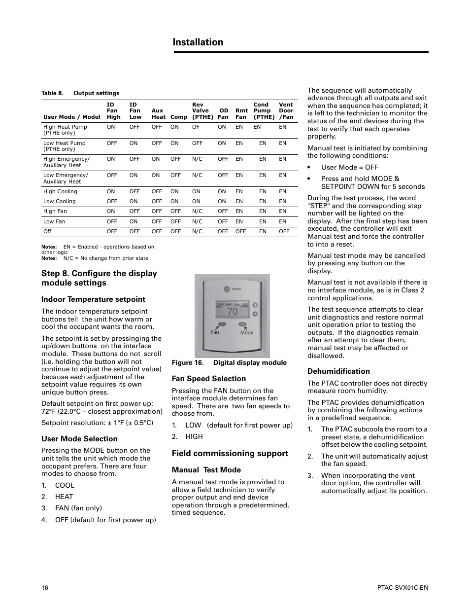 Step 8. configure the display module settings, Field commissioning support, Installation | Indoor temperature setpoint, User mode selection, Fan speed selection, Manual test mode, Dehumidification | Trane PTAC-SVX01C-EN User Manual | Page 16 / 52