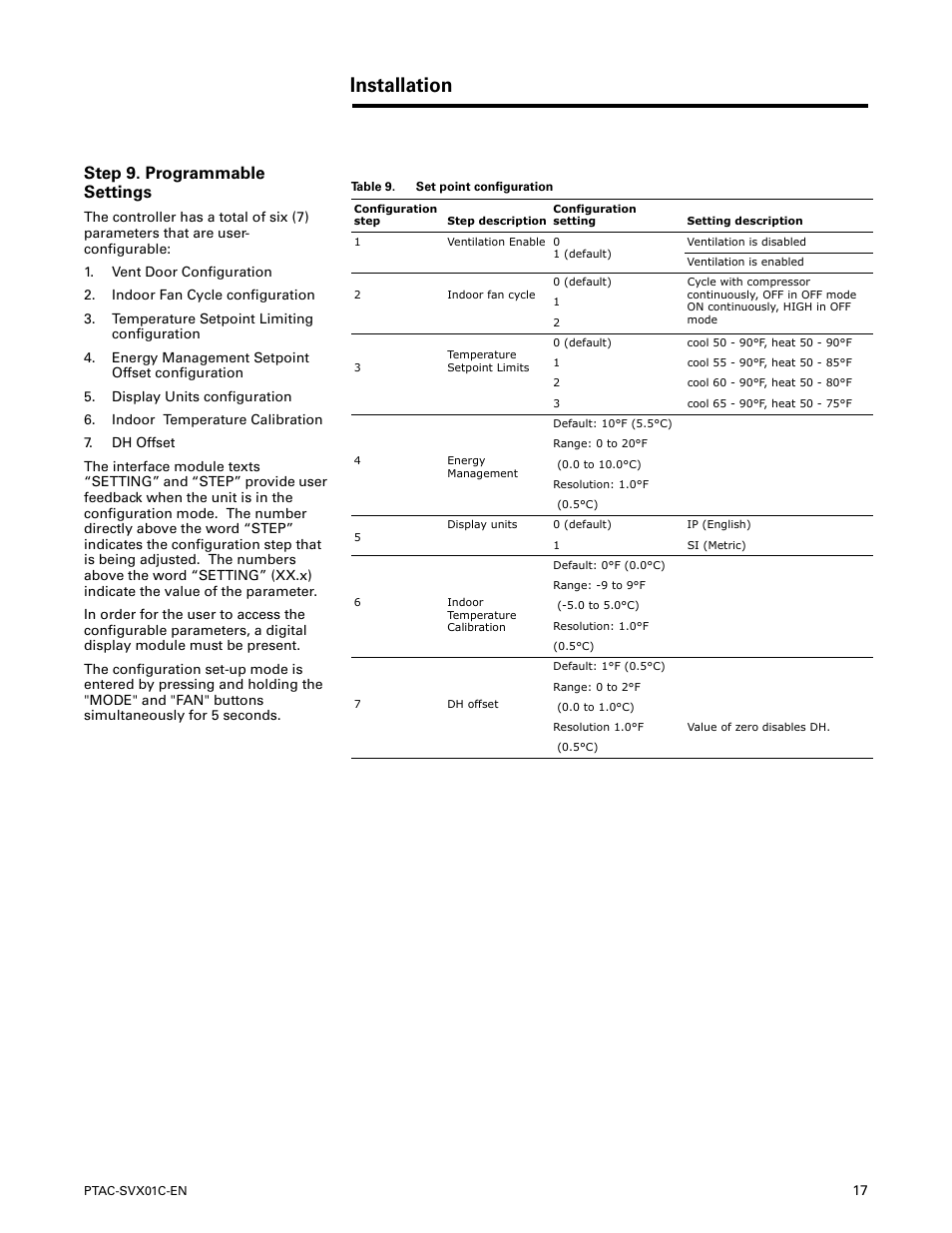 Step 9. programmable settings, Installation | Trane PTAC-SVX01C-EN User Manual | Page 17 / 52