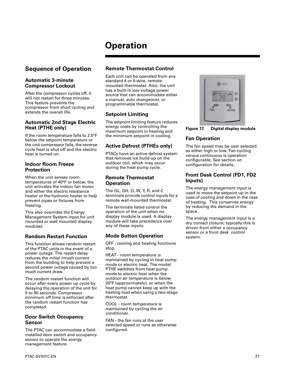 Sequence of operation, Automatic 3-minute compressor lockout, Automatic 2nd stage electric heat (pthe only) | Indoor room freeze protection, Random restart function, Door switch occupancy sensor, Remote thermostat control, Setpoint limiting, Active defrost (pthes only), Remote thermostat operation | Trane PTAC-SVX01C-EN User Manual | Page 21 / 52