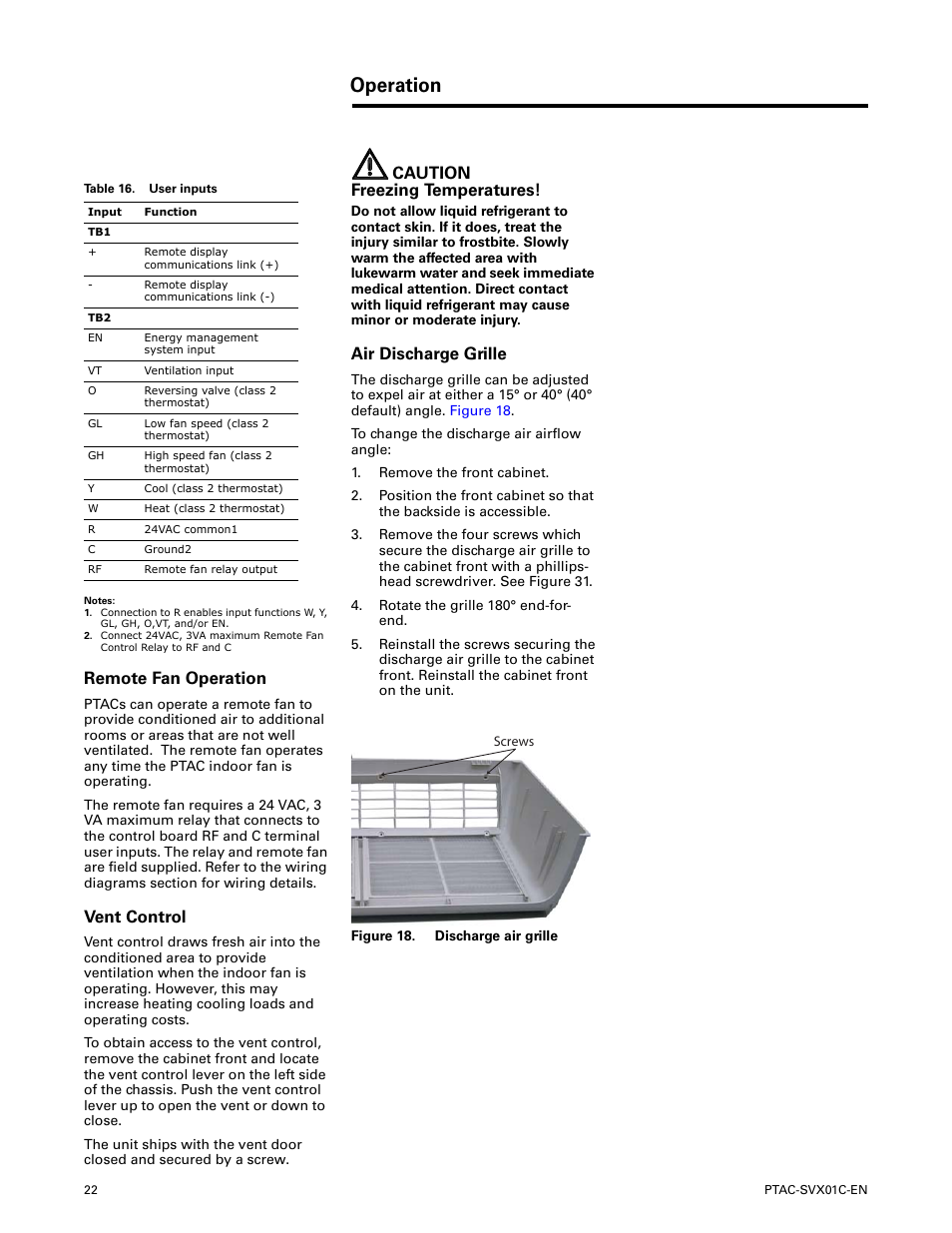 Remote fan operation, Vent control, Air discharge grille | Operation, Caution freezing temperatures | Trane PTAC-SVX01C-EN User Manual | Page 22 / 52