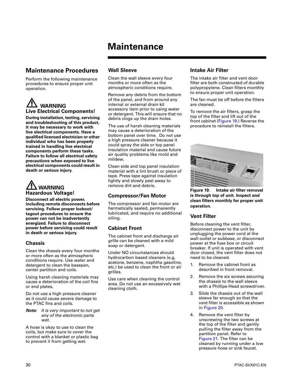 Maintenance procedures, Chassis, Wall sleeve | Compressor/fan motor, Cabinet front, Intake air filter, Vent filter, Maintenance | Trane PTAC-SVX01C-EN User Manual | Page 30 / 52