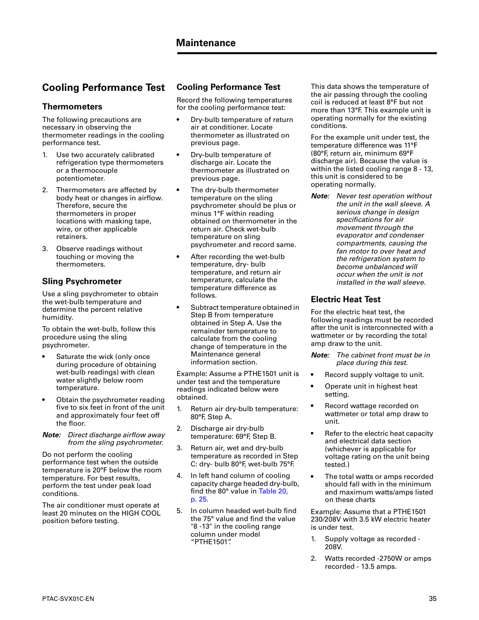 Cooling performance test, Thermometers, Sling psychrometer | Electric heat test, Maintenance cooling performance test | Trane PTAC-SVX01C-EN User Manual | Page 35 / 52