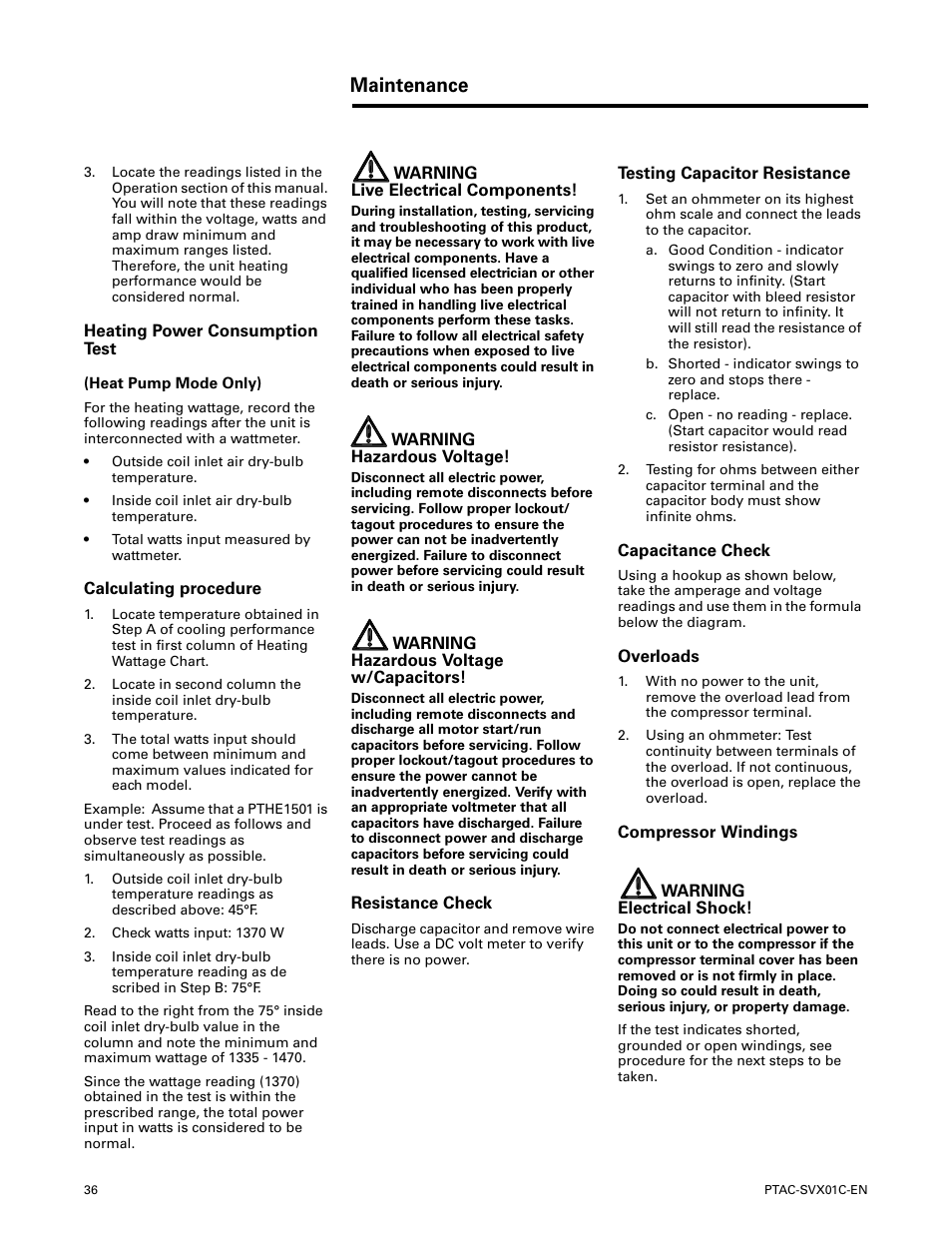 Heating power consumption test, Calculating procedure, Resistance check | Testing capacitor resistance, Capacitance check, Overloads, Compressor windings, Maintenance | Trane PTAC-SVX01C-EN User Manual | Page 36 / 52