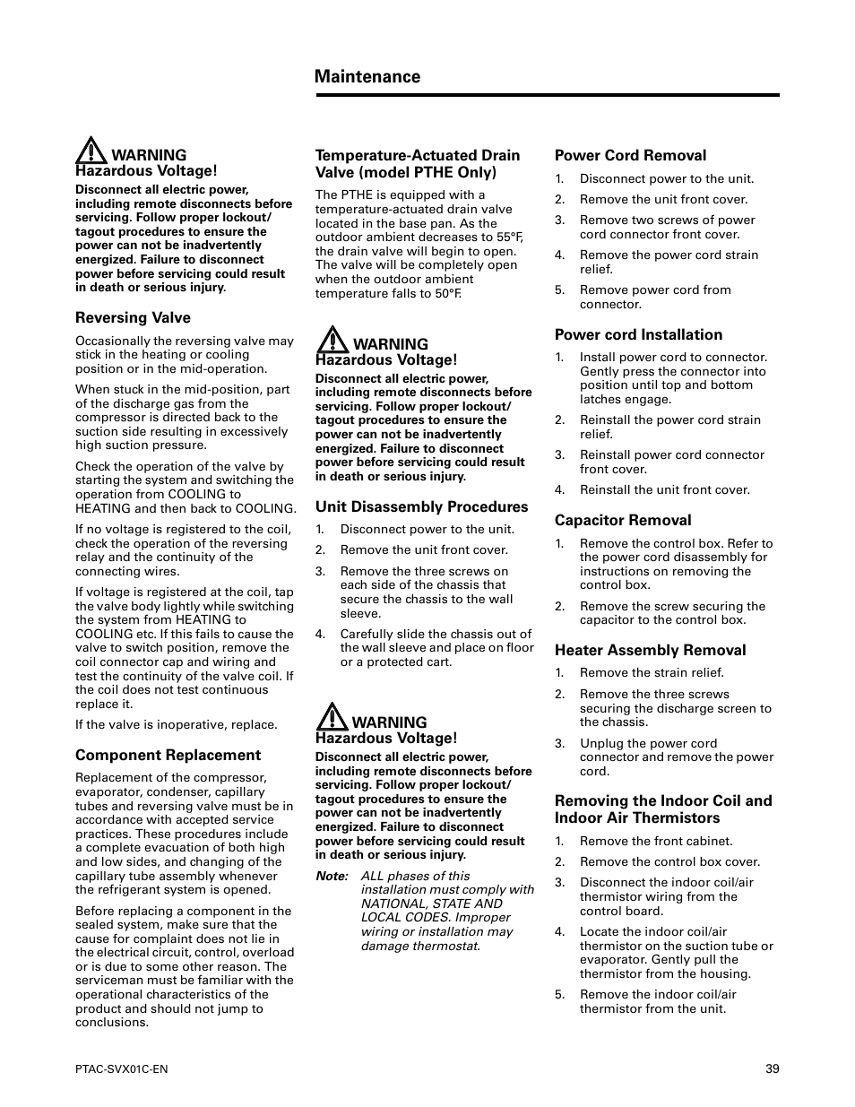 Reversing valve, Component replacement, Temperature-actuated drain valve (model pthe only) | Unit disassembly procedures, Power cord removal, Power cord installation, Capacitor removal, Heater assembly removal, Maintenance | Trane PTAC-SVX01C-EN User Manual | Page 39 / 52